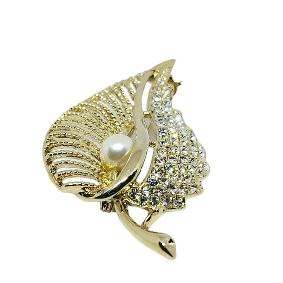 Vintage Gold Toned Leaf Brooch with Rhinestone and Faux Pearl Accent - Picture 3 of 7
